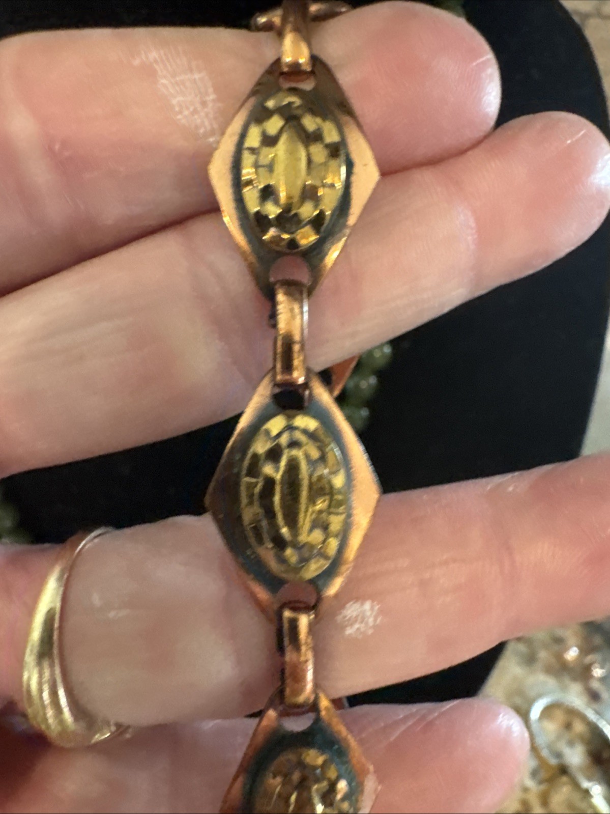 Vintage Copper Diamond Link Bracelet Textured Gold Tone Oval Accents Boho Retro