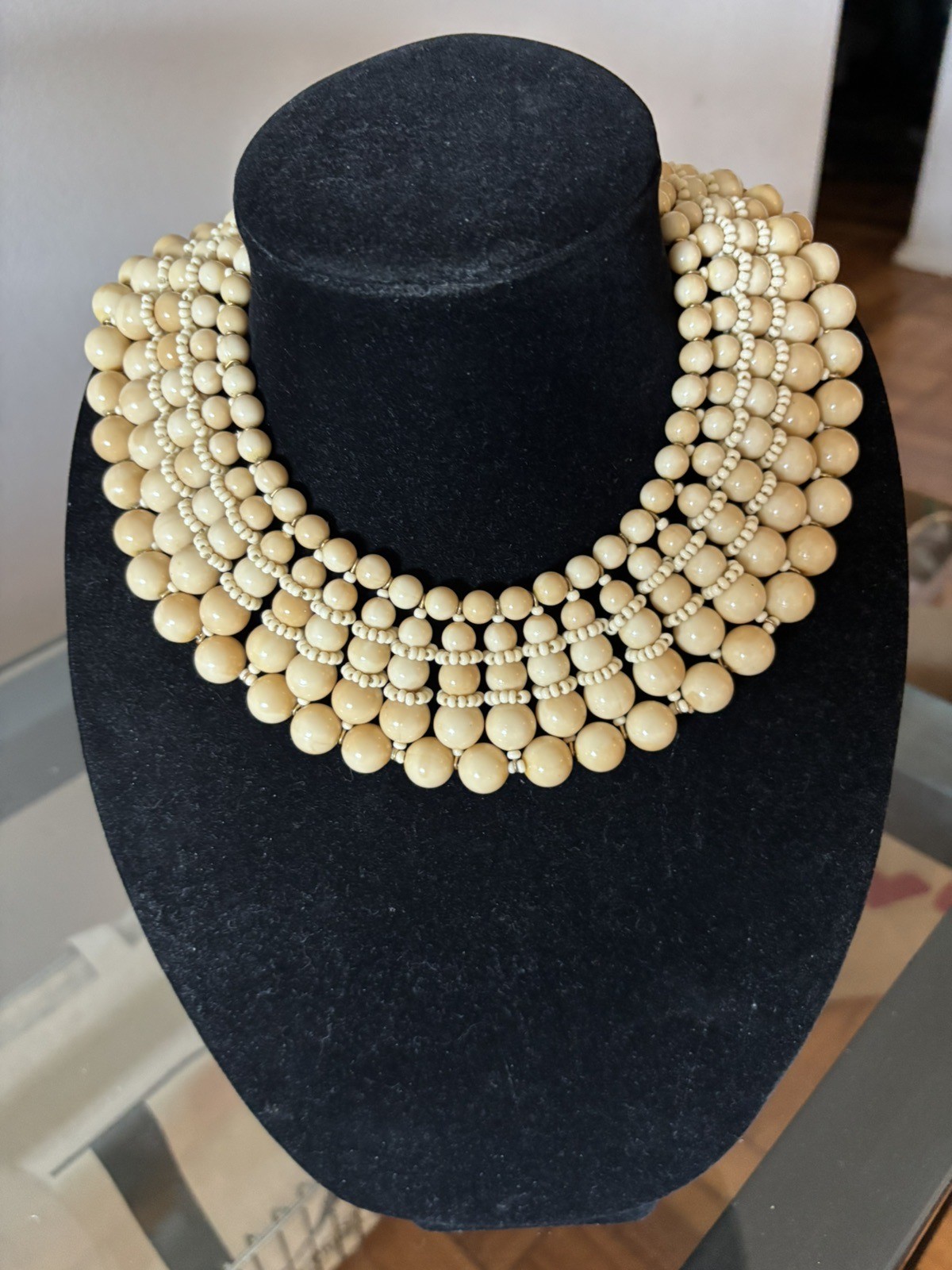 Vintage Miriam Haskell Wood Bead Bib Necklace