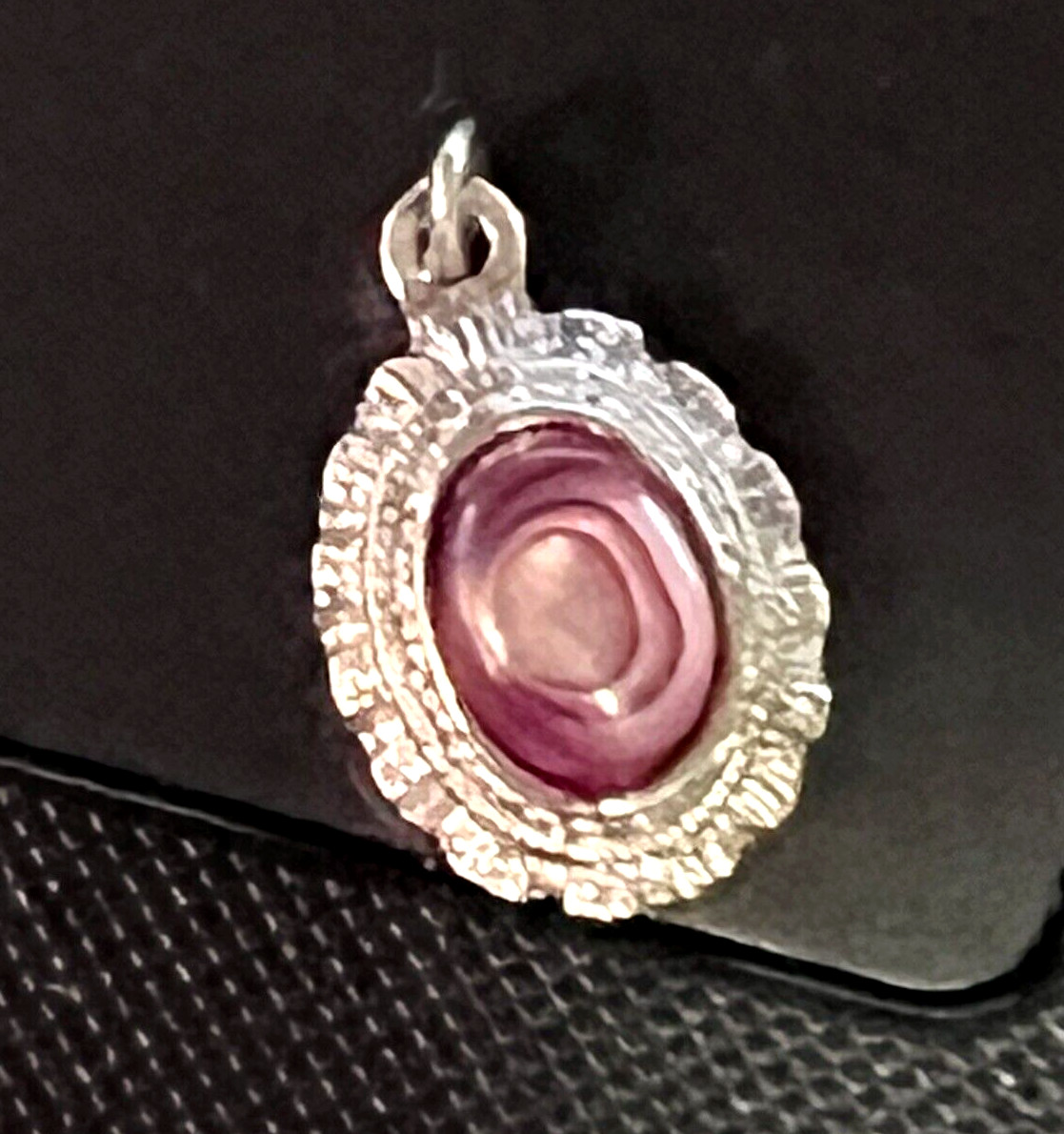 Vintage Small Pink Stone Silver Toned Pendant .75″ x .50″