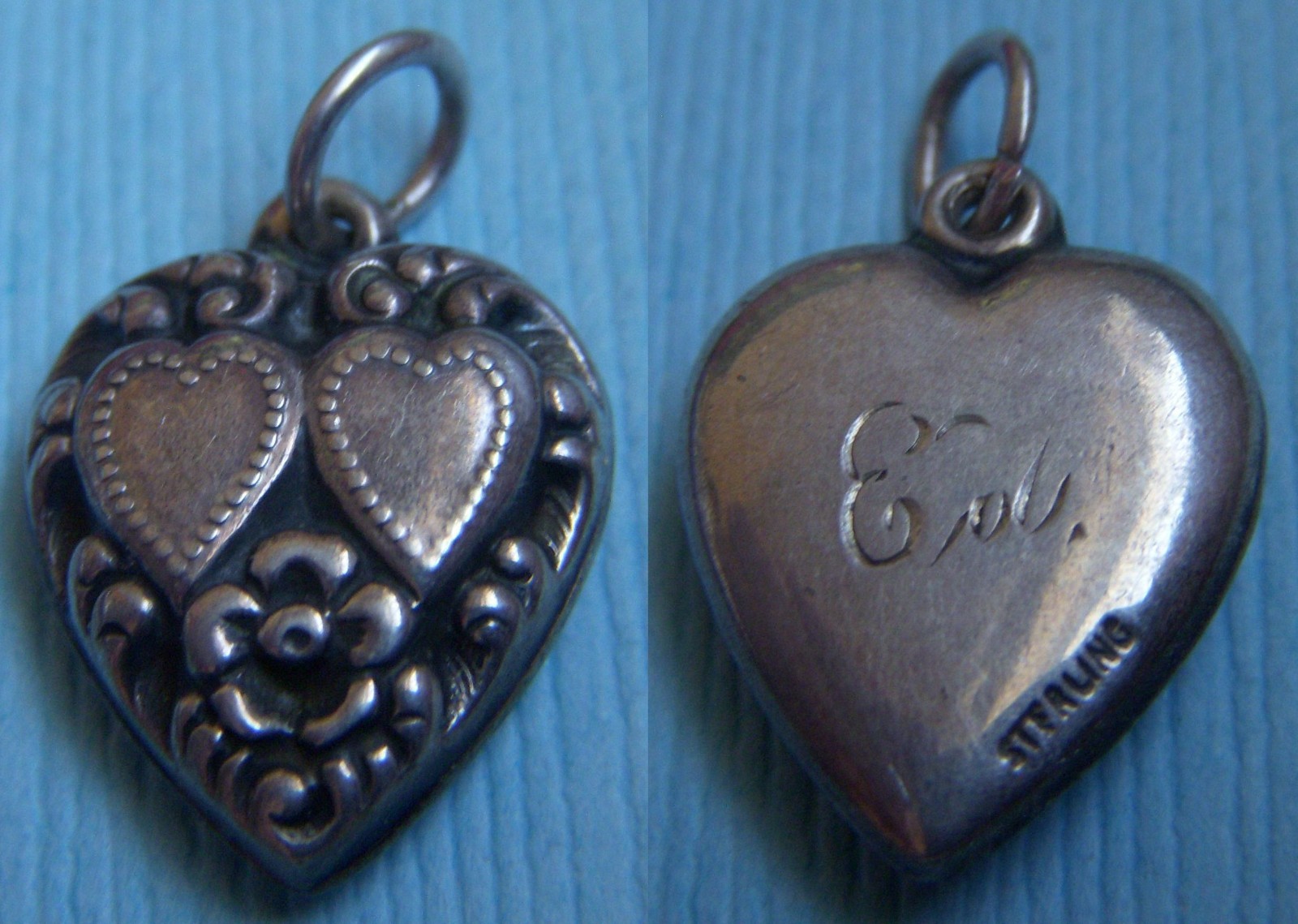 Vintage hearts and flower “Ed” puffy heart sterling charm