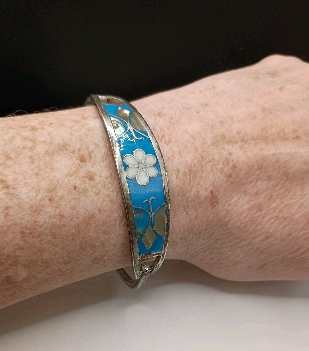Alpaca Mexico Silver Cuff Bracelet Turquoise Abalone Inlay Butterfly Size 6.75″