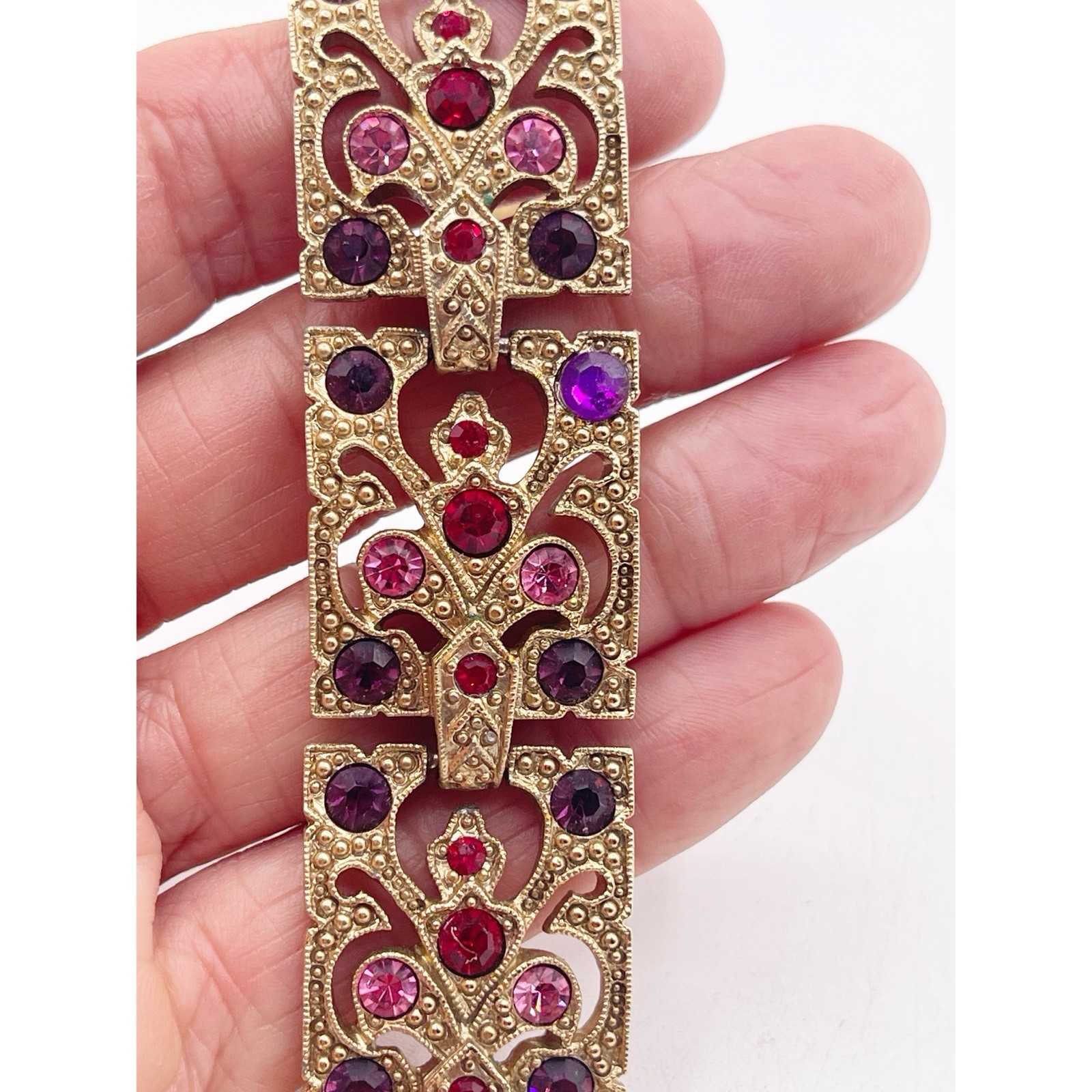 Vintage Gold Tone Panel Bracelet Openwork Filigree Red Purple Pink Rhinestones
