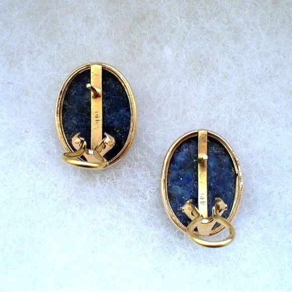 14K Yellow Gold 17.5MM x 14.75MM Lapis Lazuli Omega Back Pierced Earrings 9.3 g