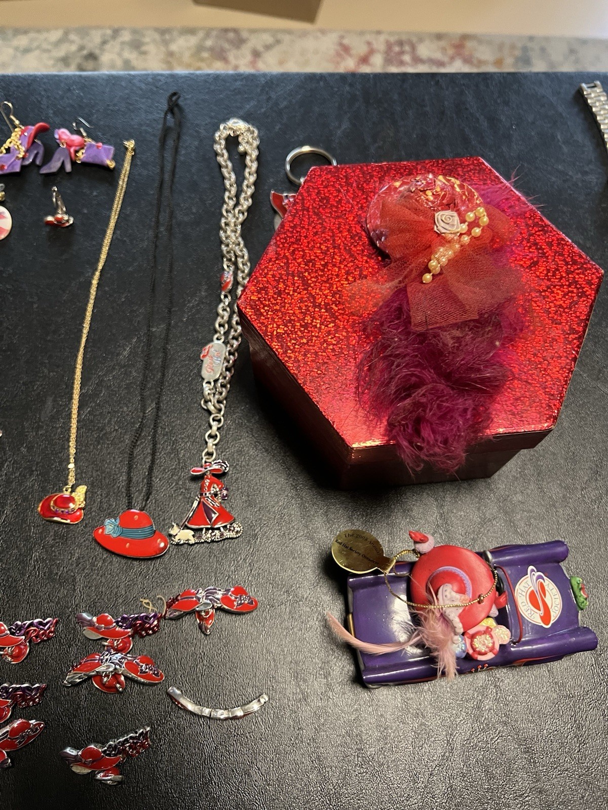 Red Hat Society Jewelry Lot Of 54 Brooches Bracelets Watch Necklaces Charms Box