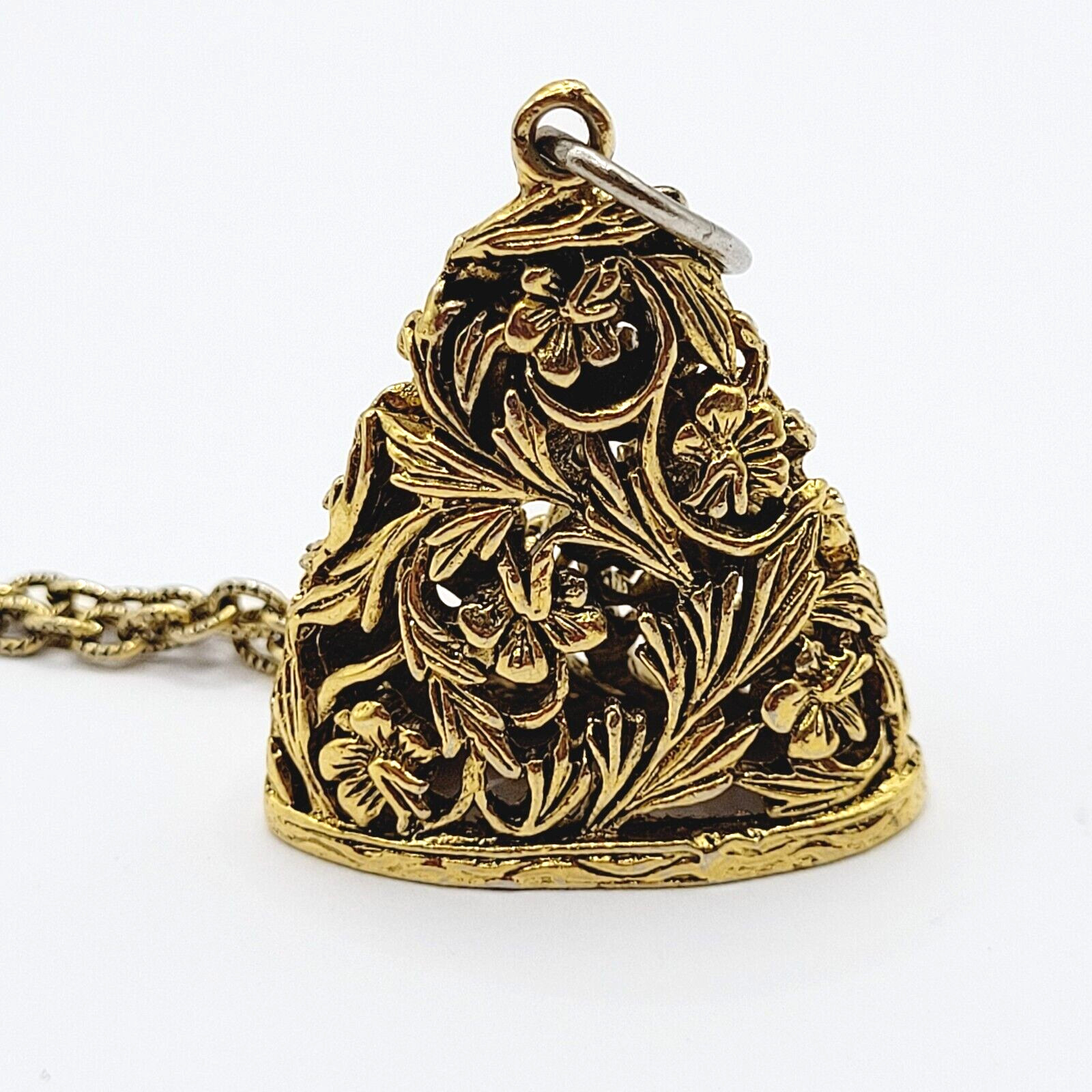 Renaissance Floral Triangle Filigree Pendant Necklace Gold Tone NO CLASP 24 Inch