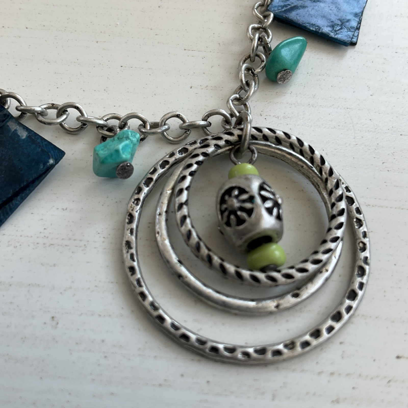 Vintage Women’s Long Dangle Necklace Beaded Blue Shells Green Gypsy Retro