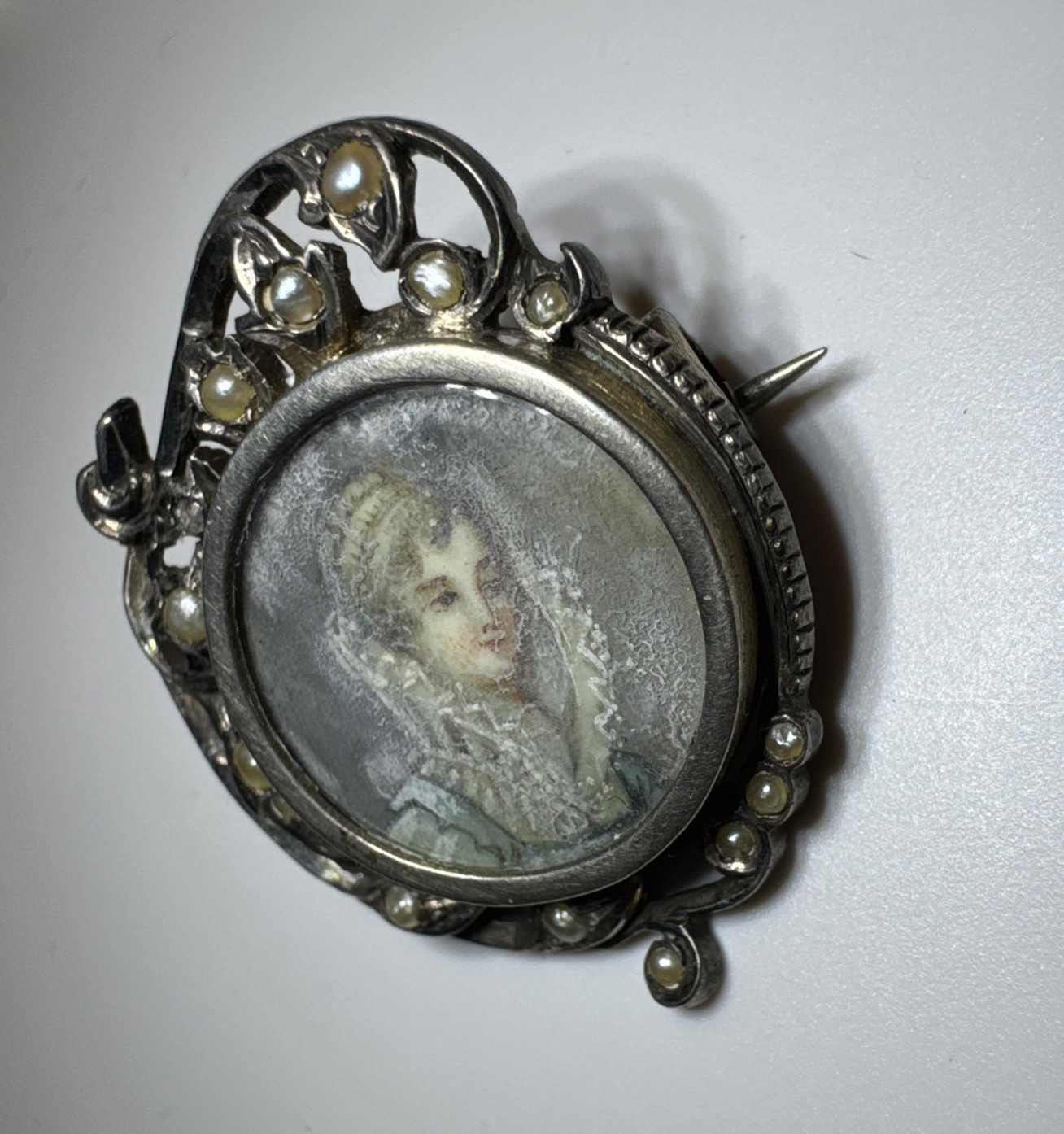 Antique Miniature Hand Painted Lady Rococo Portrait Brooch Seed Pearls READ