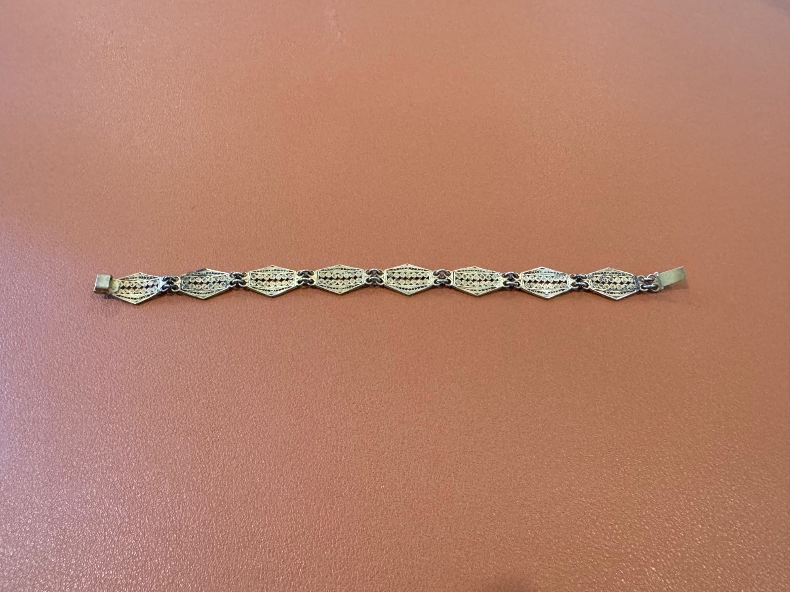 Vtg Antique 800 Silver Filigree Design Blue Enamel Bracelet w/ Gold Wash