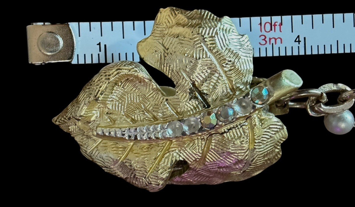 50’s Golden Leaf Collar Clip Lapel Pin With Chain Button Cover Aurora Borealis