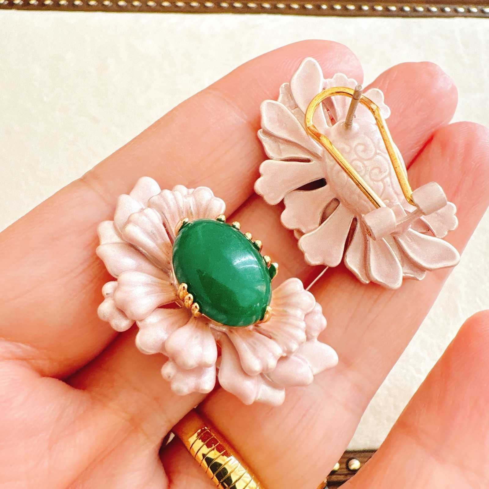 Pink Enamel Floral Earrings with Green Jade-Style Center-Vintage Style