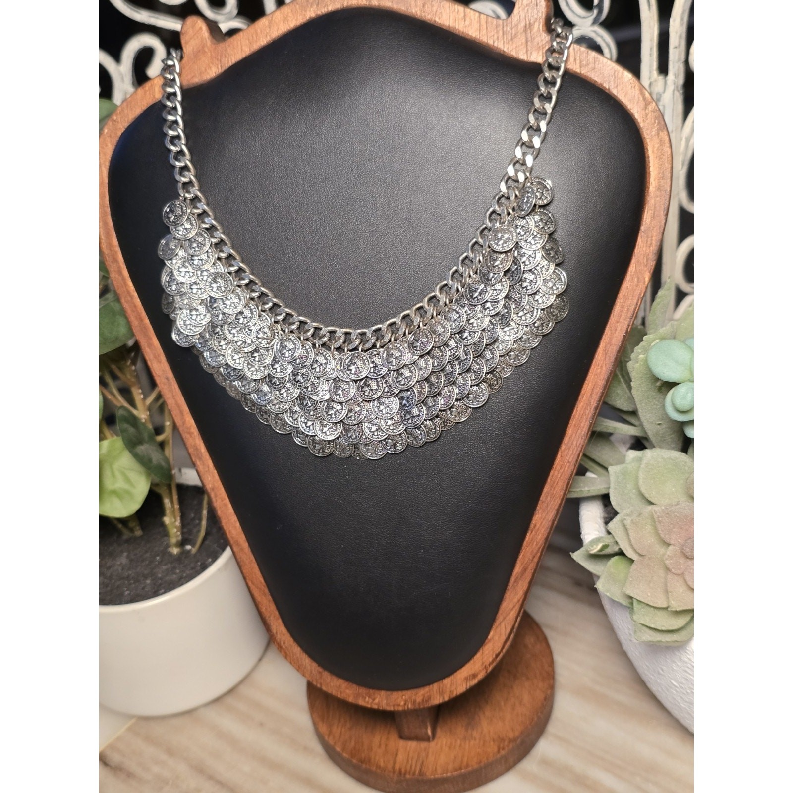 Vintage Faux Coin Chain Link Silver-Tone Statement Necklace Brutalist Adjustable
