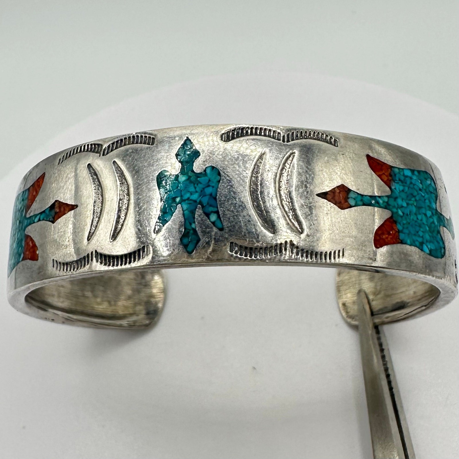 Navajo Native vintage sterling silver turquoise chip inlay cuff bracelet 28.54