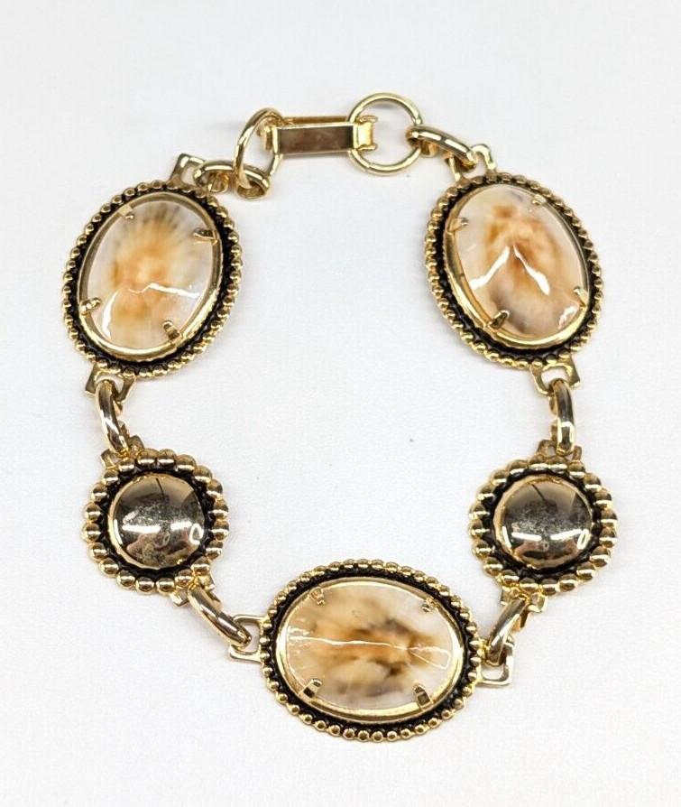 Vintage Real Seashell Shell Gold Tone Tennis Bracelet 3/4″ Wide 7″ Long