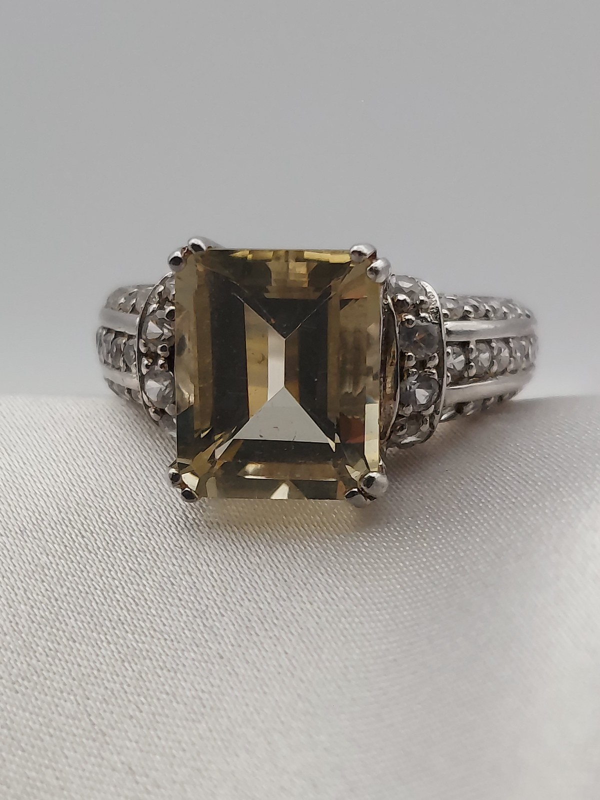 Sterling Silver Crystals & Citrine Rectangle 3 row Ring Size 8 Vtg HSN “B” 3ct