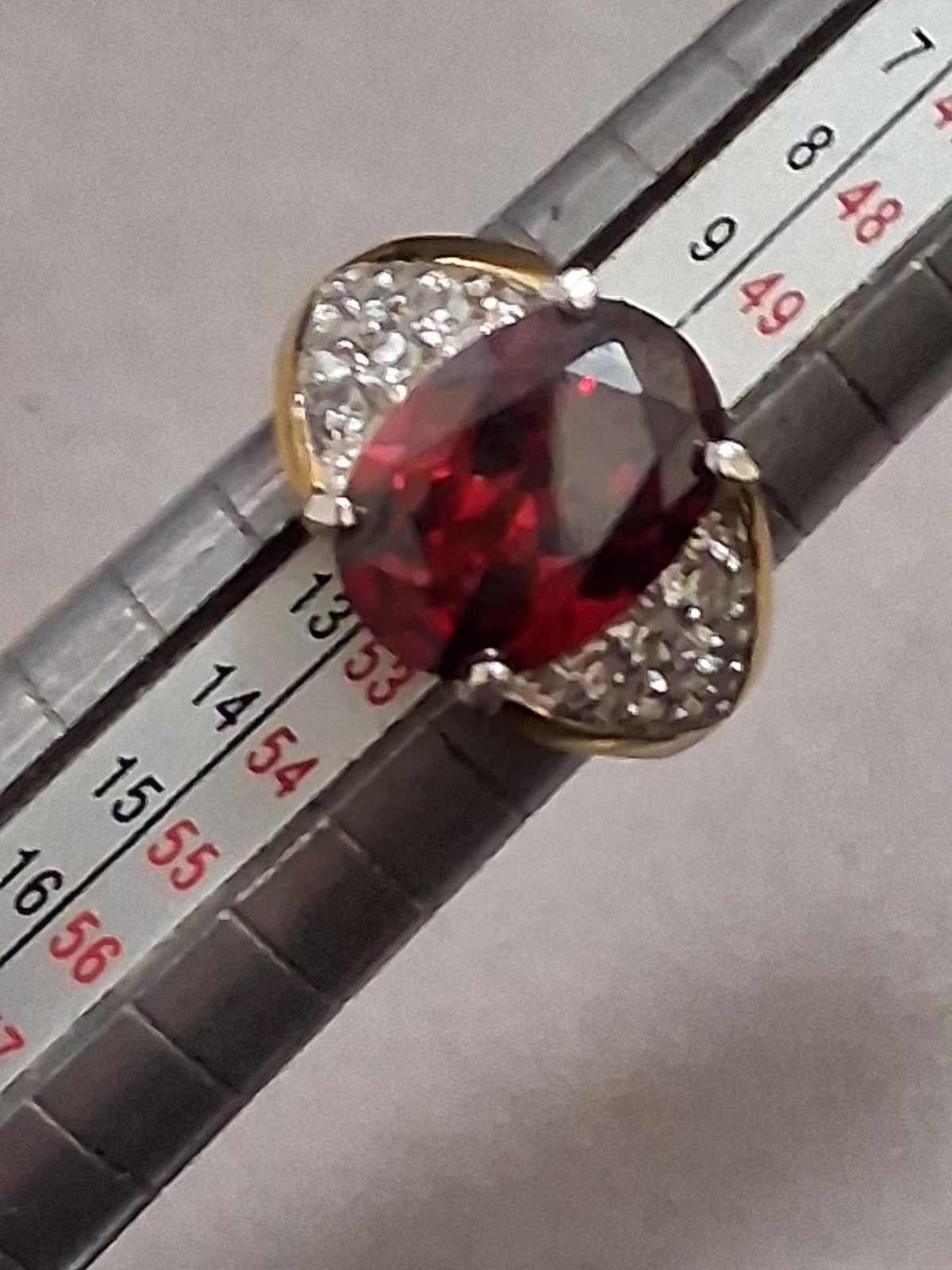 Deep red oval glass halo CZ accent ring, gold-tone, art deco style SZ 5.75