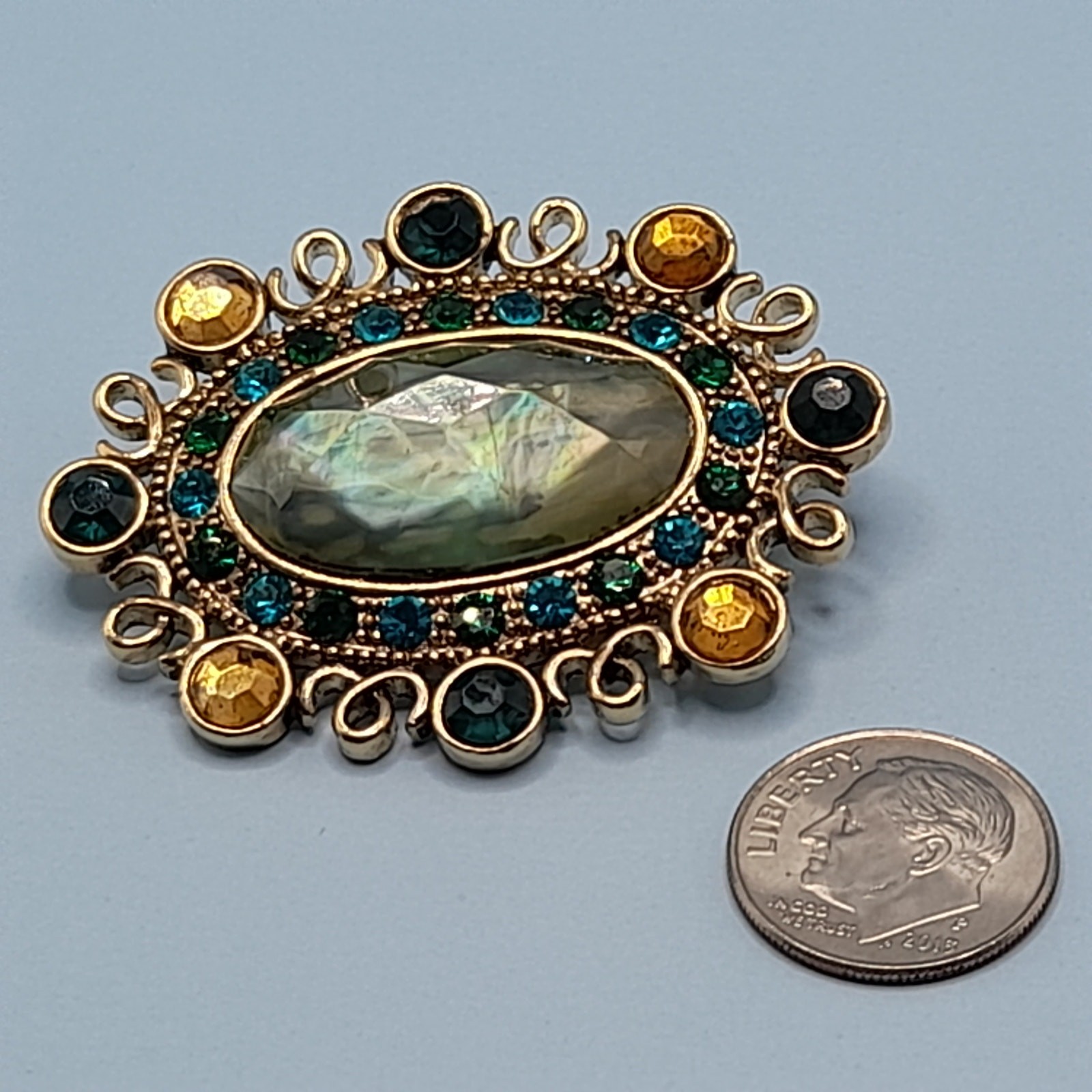 Vintage Monet Brooch, Light Green Teal Blue Accents, 1990s, 2 Inches
