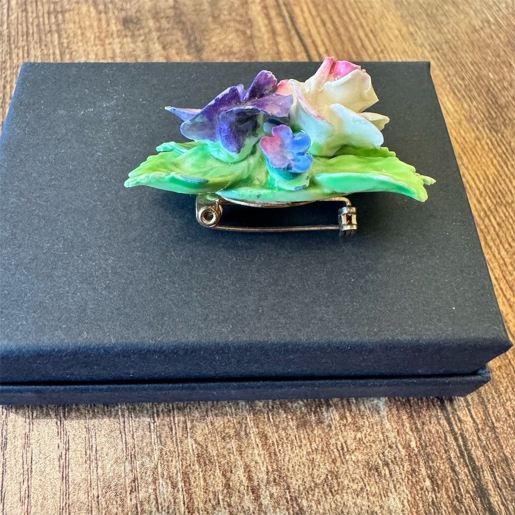Vintage Floral Porcelain Brooch England Multicolor