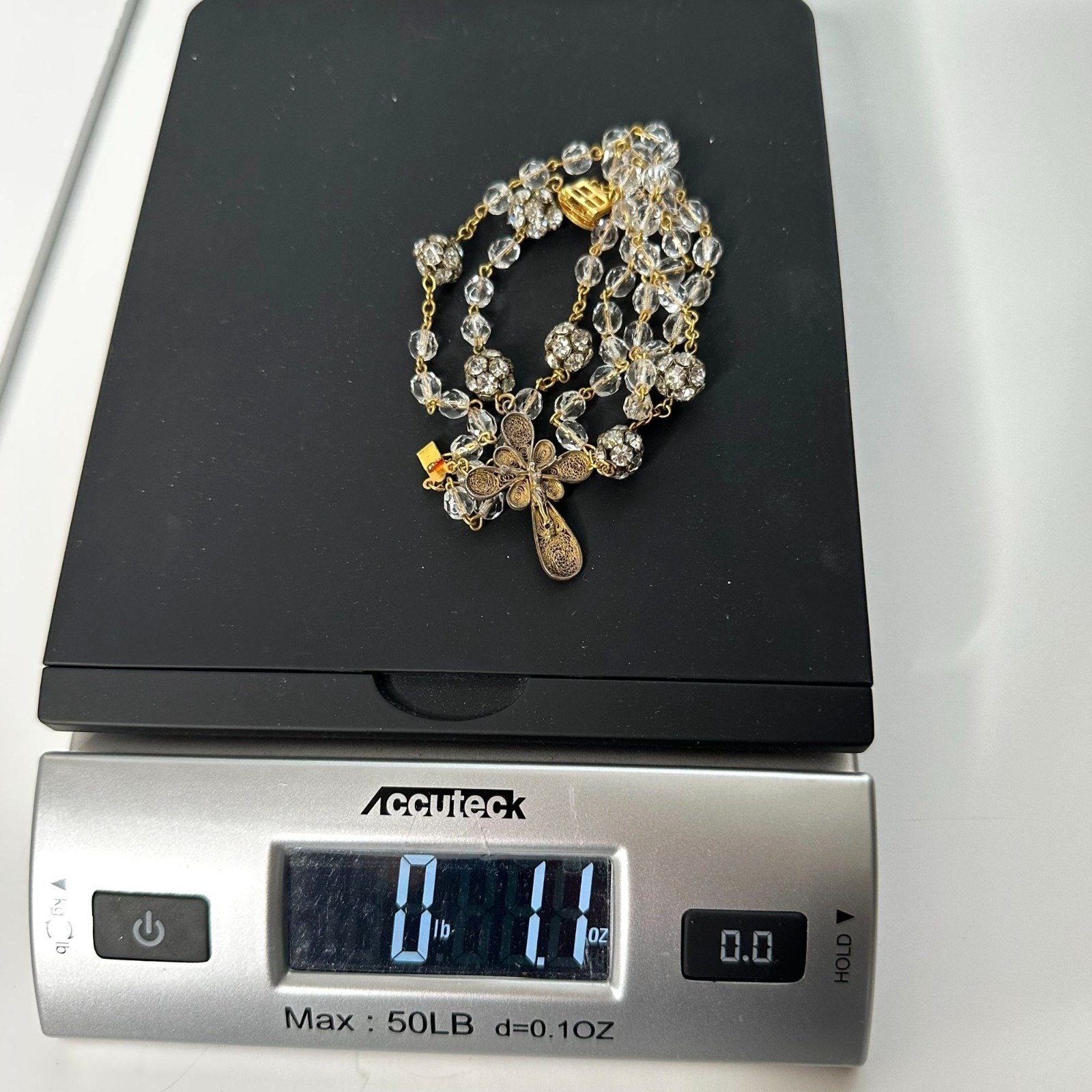 VTG Double Strand Crystal Bead Rosary Bracelet Necklace Cross Pendant Gold Tone