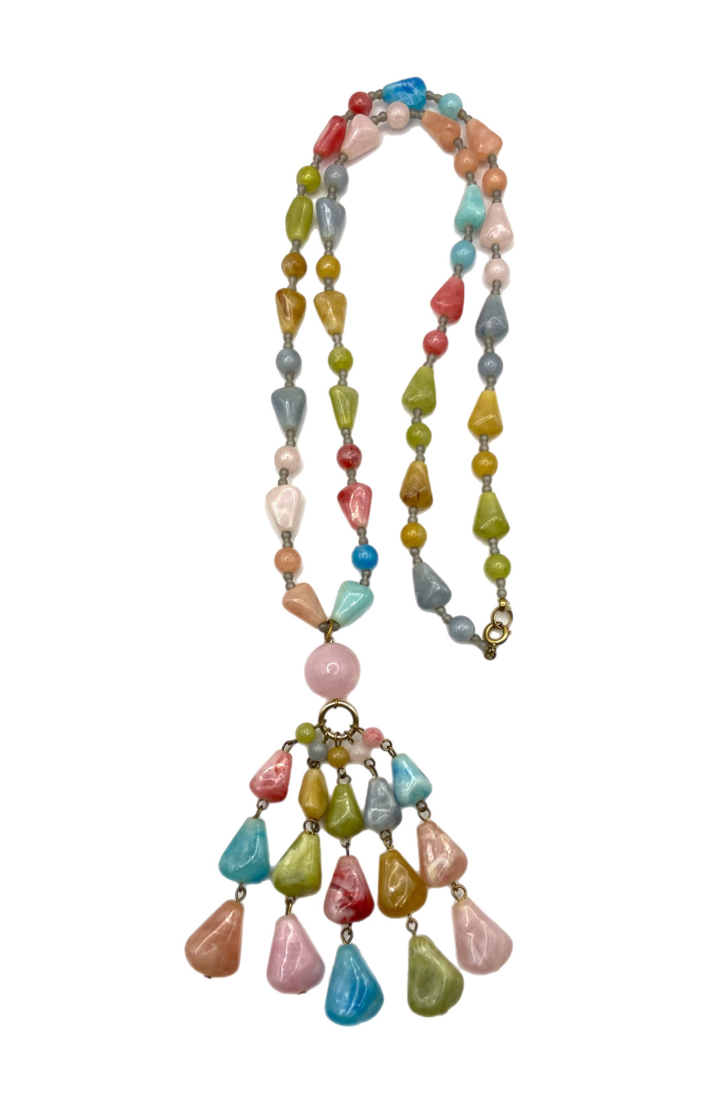 Vintage Chunky Pastel Multi-Color Beaded Tassel Pendant Necklace Plastic 30″