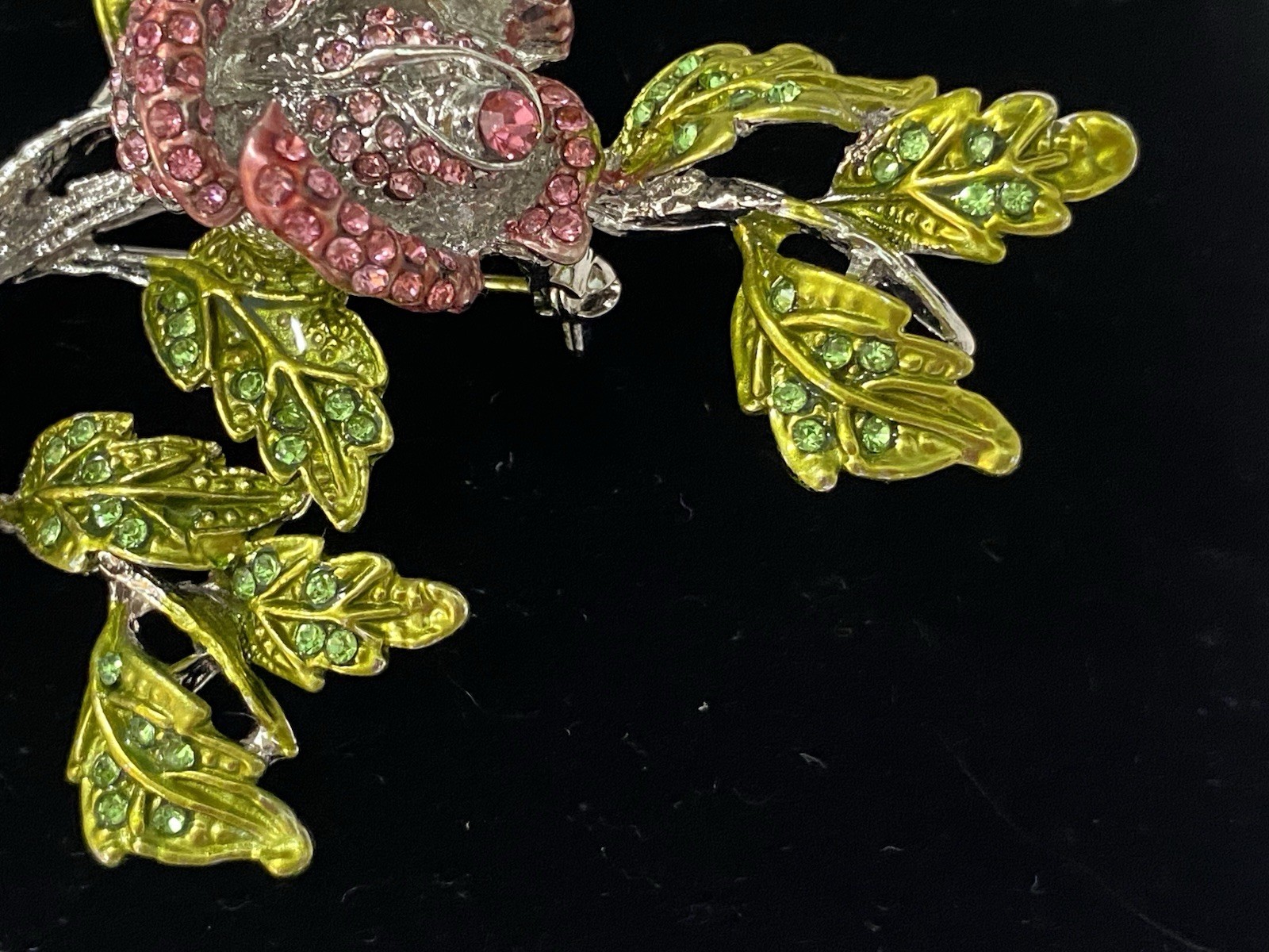 Stunning Large Vintage Pink And Green Sparkling Stones Flower Brooch