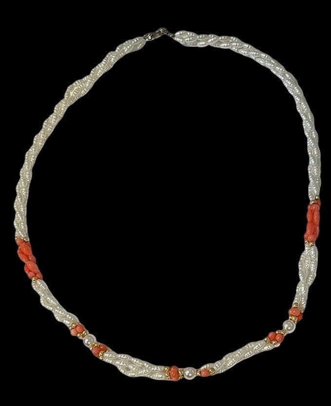 VTG Mother of Pearl Salmon Coral Necklace Triple Twisted Rope 22 Inches