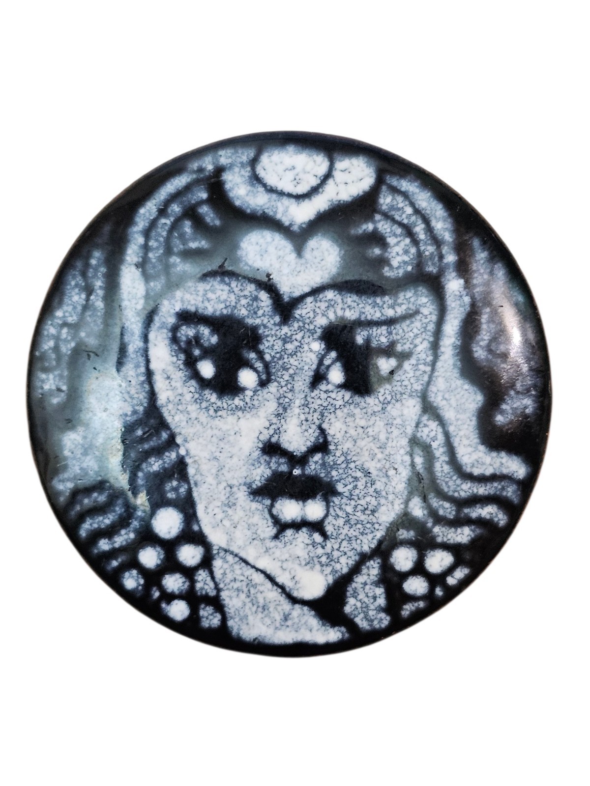 Vintage Handmade Enamel Art Brooch Woman Portrait Black White Round Pin…