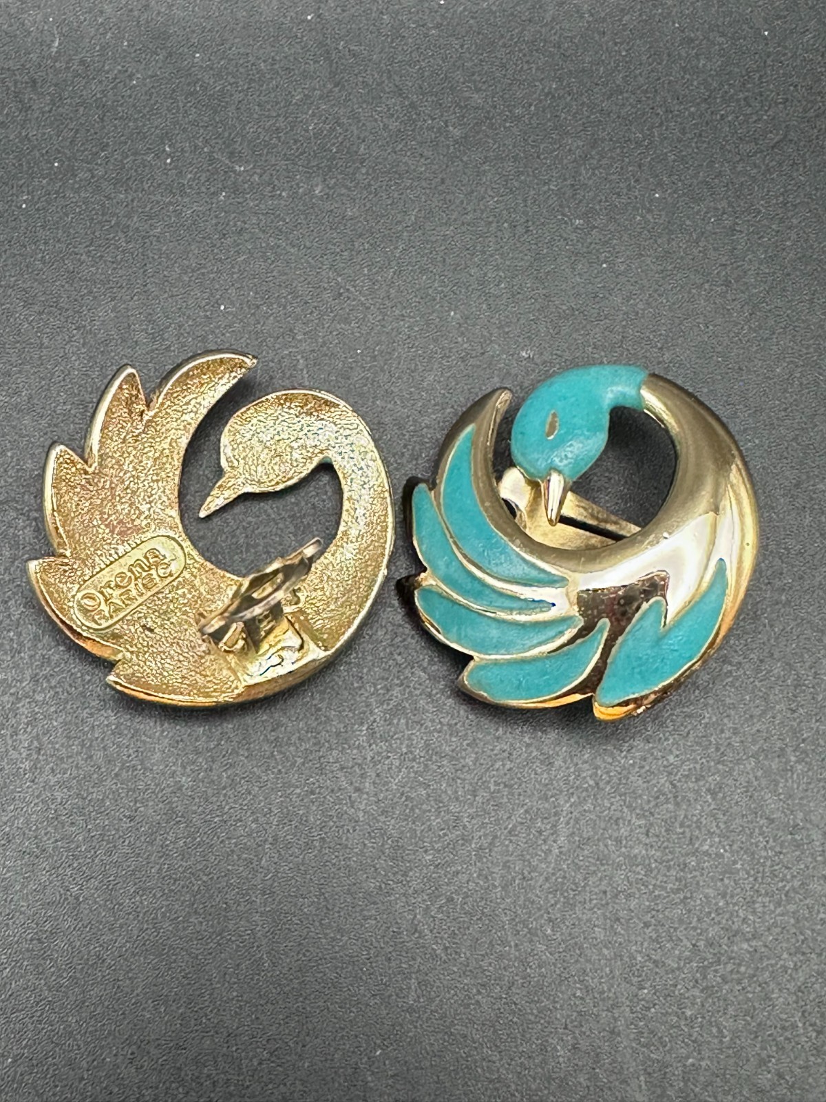 Vintage Orene Paris Gold‑Tone Enamel Bird Clip‑On Earrings • Turquoise Blue