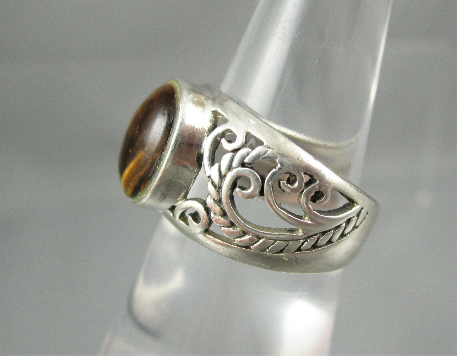 Filigree Sterling and Tigers Eye Ring Signed CW 925 Size 5.25 #4797E