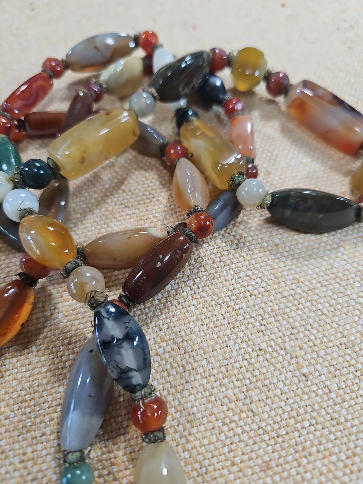 VTG Beggar Bead Genuine Stone Hand Knotted 60″ Necklace Agate Jade Carnelian