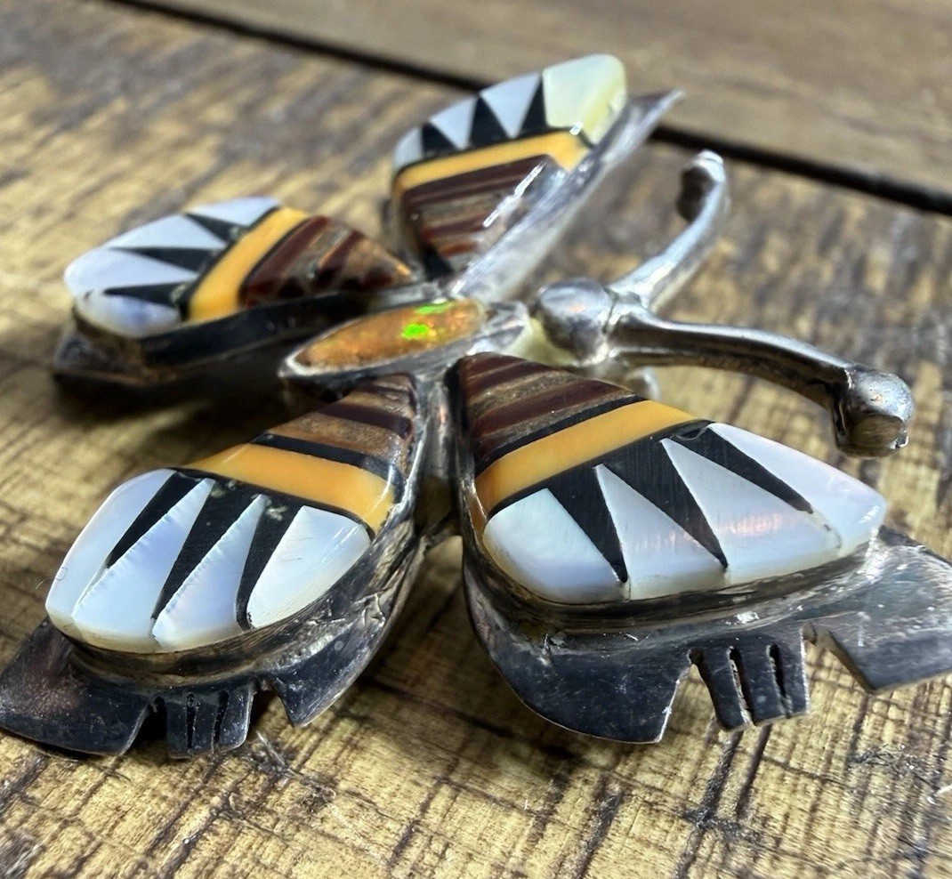 Vintage Native 925 Sterling Silver Butterfly – Pendant – Multistone – Inlay Opal