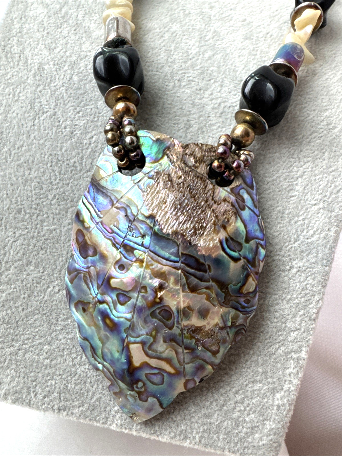 WOW Brutalist Modernist statement Necklace Jewelry VTG Goth shell Witchy Abalone