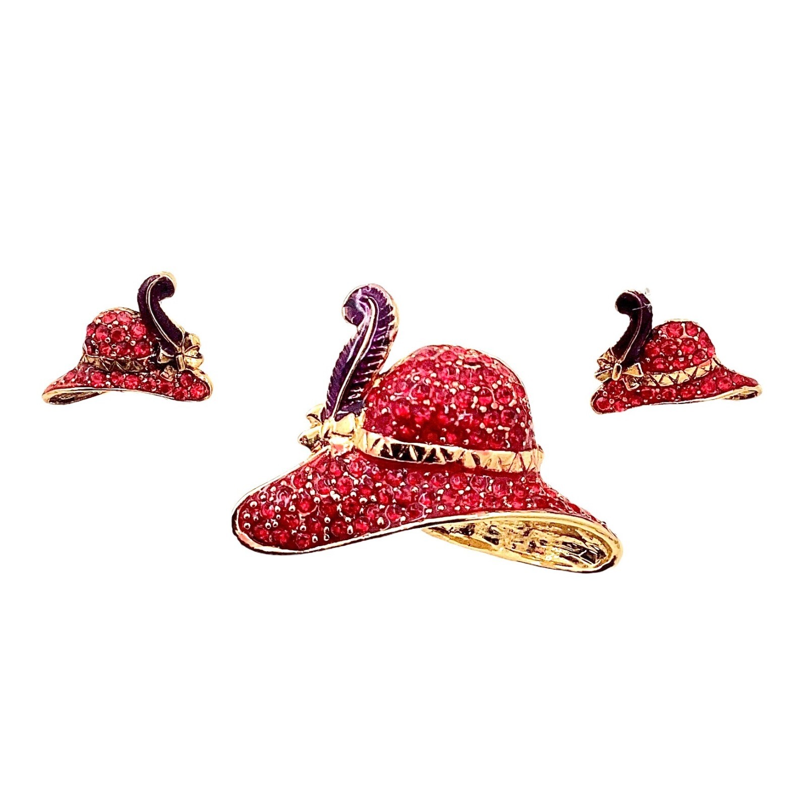 Vintage Red Hat Society Jewelry Set Brooch Earrings Pave Rhinestones Enamel 80s