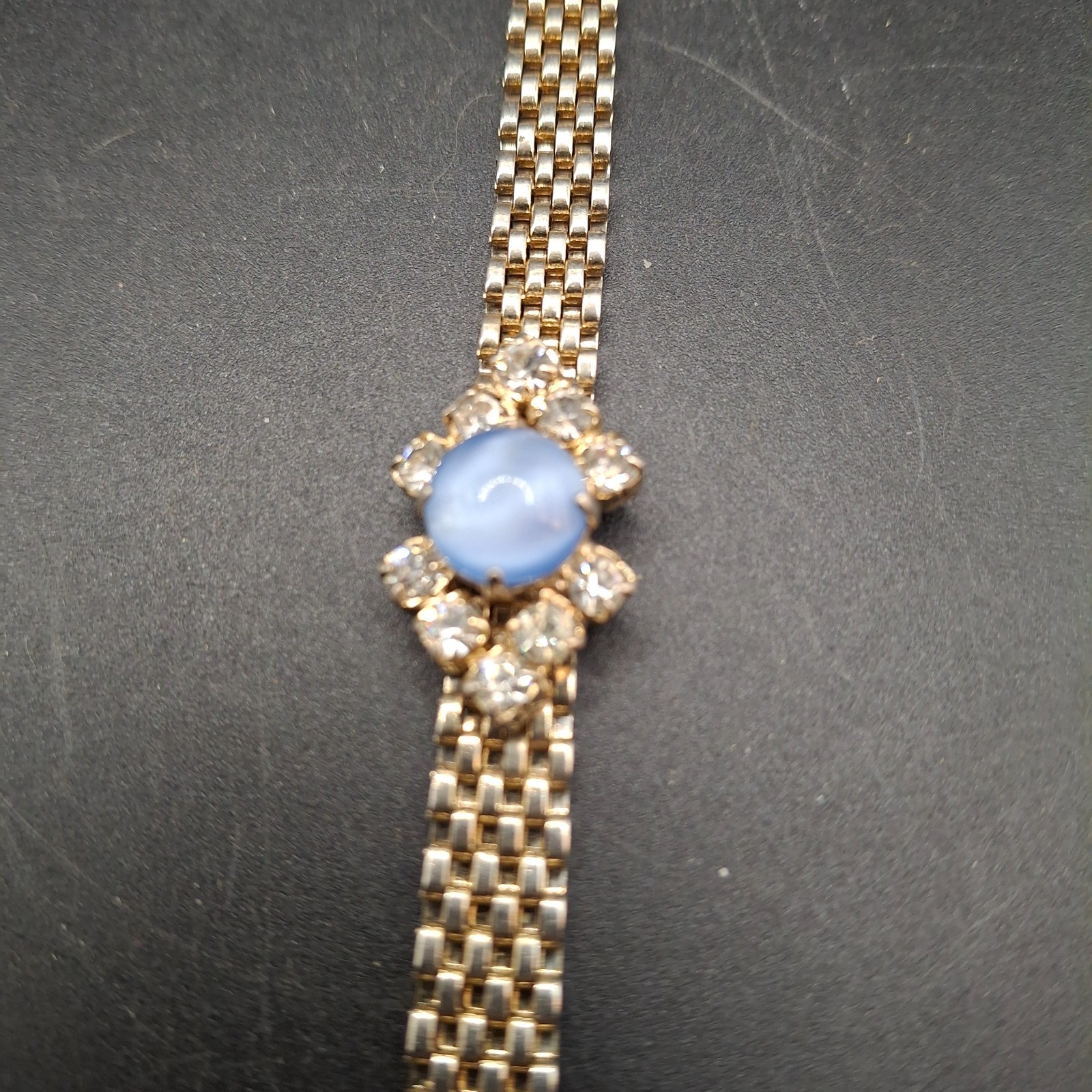 Vintage Gold Tone Mesh Bracelet Blue Moonstone Faux Cabochon Repair As Is Retro