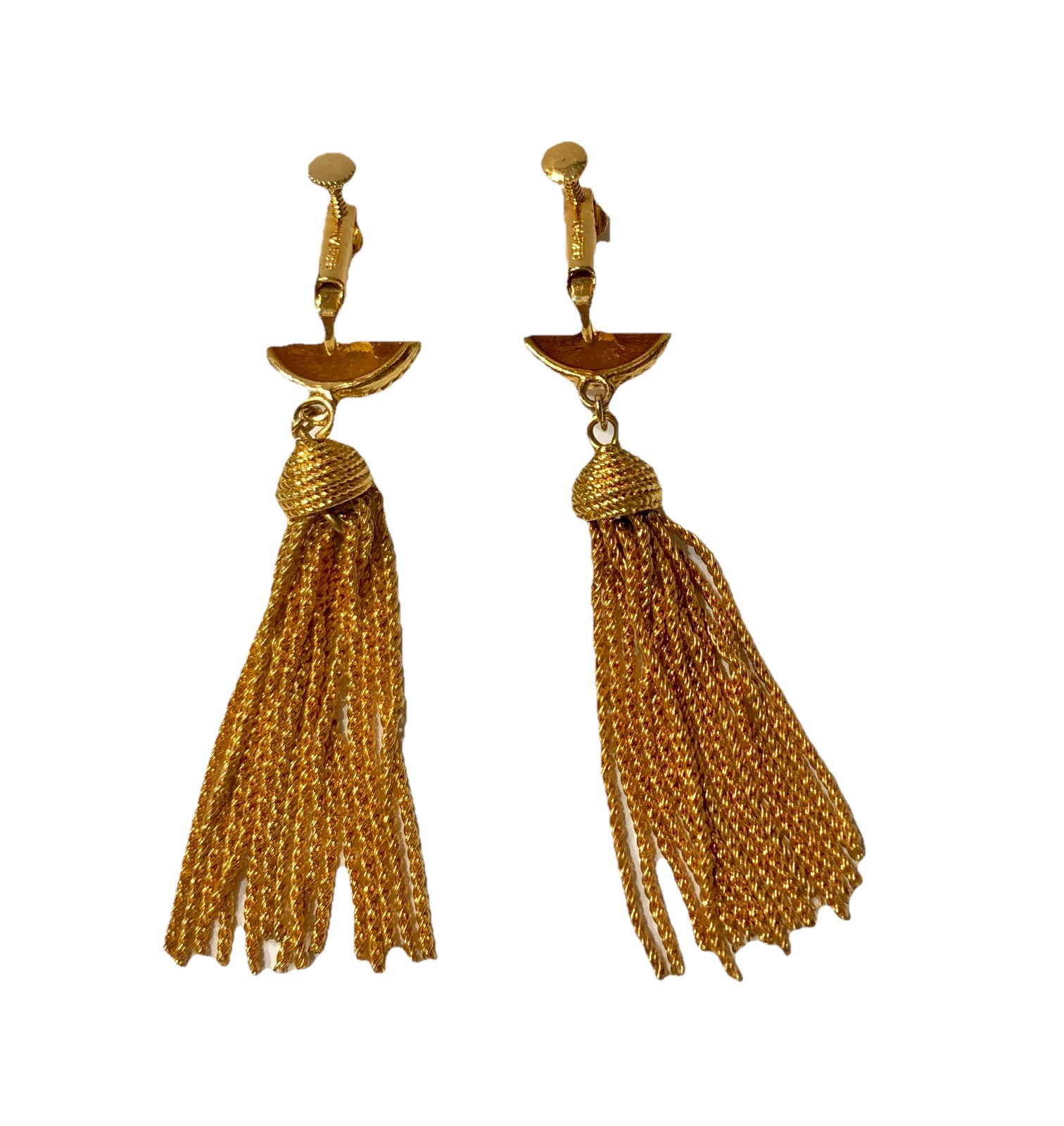 Signed NAPIER Vtg TASSEL Gold Tone Clip-on EARRINGS Dangle Adjustable Screwbacks