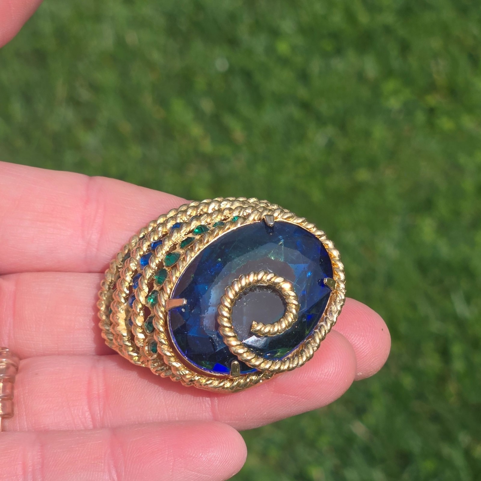 Vintage Corocraft Blue Glass Brooch Rhinestone Designer Jewelry Egyptian Revival