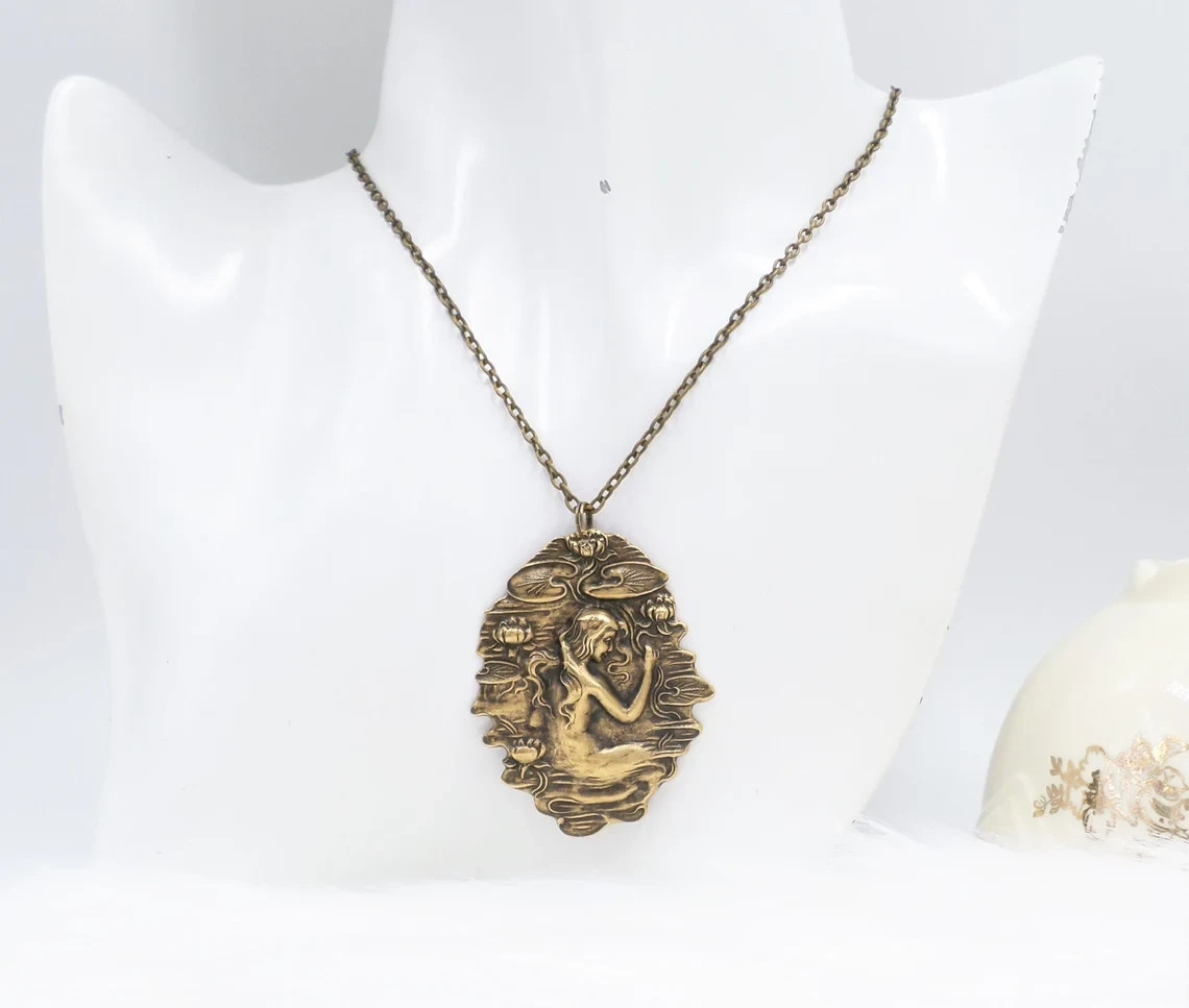 Art Nouveau Water Nymph Necklace: Vintage Style Brass Goddess Pendant with Lotus