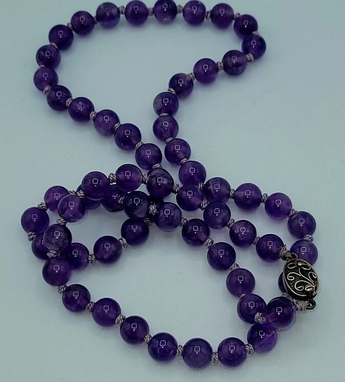 220ct 1940’s Chinese Export 64cm Genuine Amethyst 7-8mm Bead Necklace 49 Grams