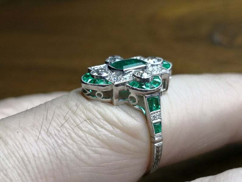 French Art Deco Style Vivid Green Emerald With Shiny White CZ 2.78TCW Fine Ring