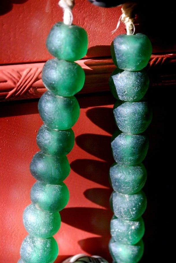 HUGE Recycled SEA GLASS STATEMENT NECKLACE Matte Green 23mm AFRICAN TRADE BEADS