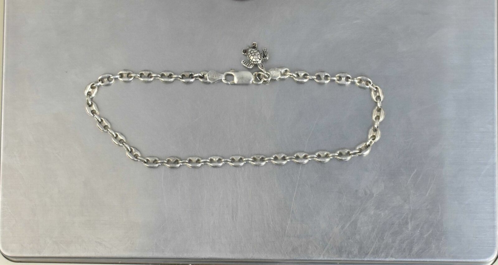925 Silver Vintage Ankle Bracelet 9″ Anchor Link 9 g Save the Turtles Charm