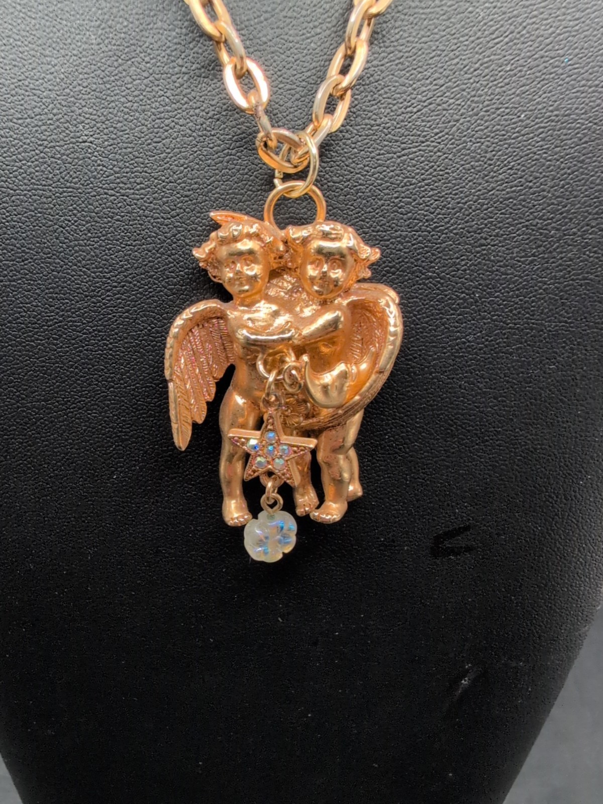 Vintage Kirks Folly Double Cherub WithStar Charm Necklace Gold Tone
