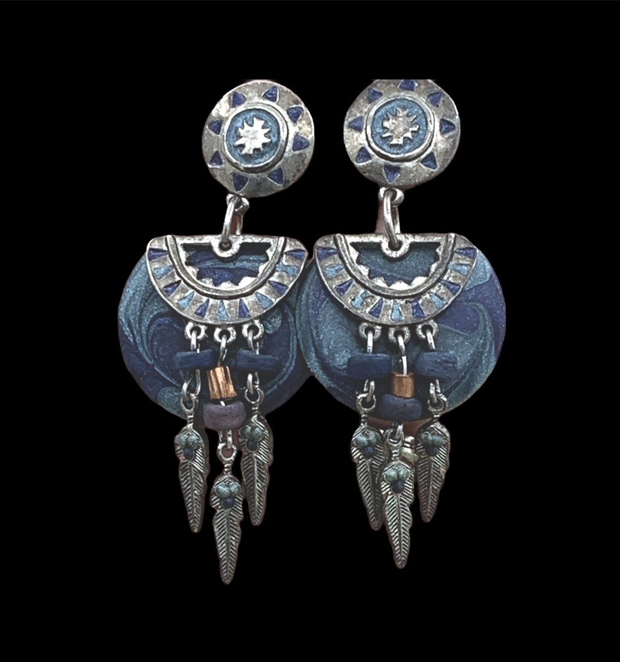 Vintage Edgar Berebi Blue Earrings South Western Theme Dangling Feathers Enamel