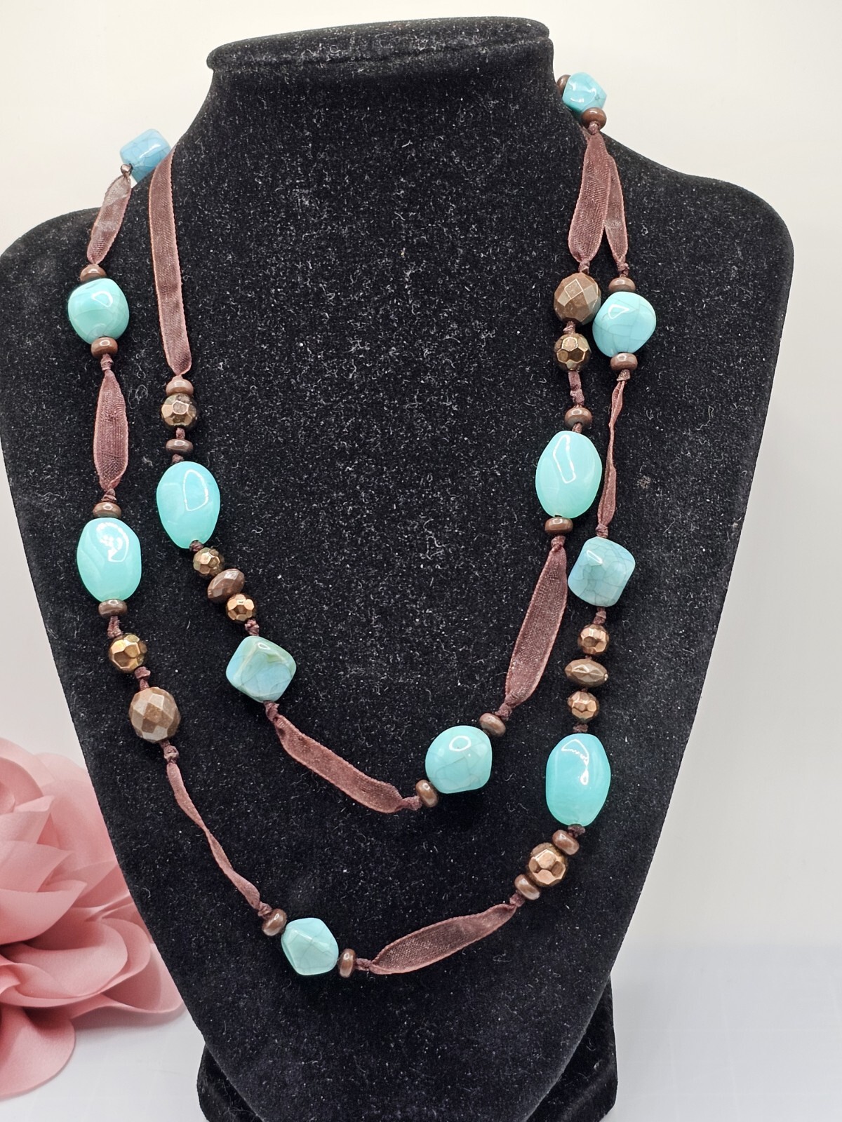 Vtg Cookie Lee Necklace Brown Ribbon Faceted Beads Blue Simulated Stone Bead 37″