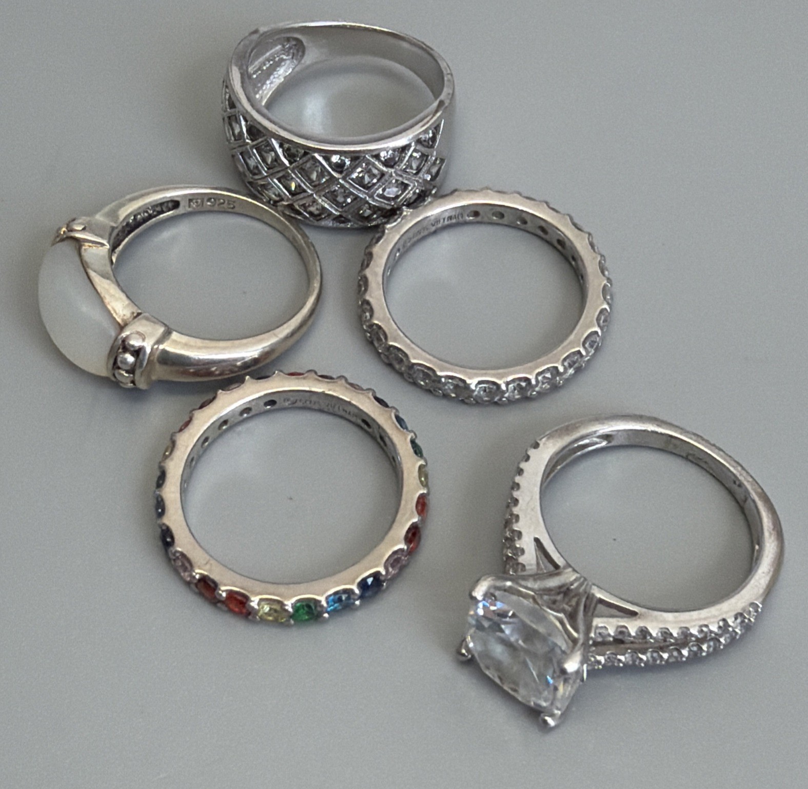 Sterling Silver Lot Of 5 Various MOP CZ Multicolor And White/Clear Rings Size 5