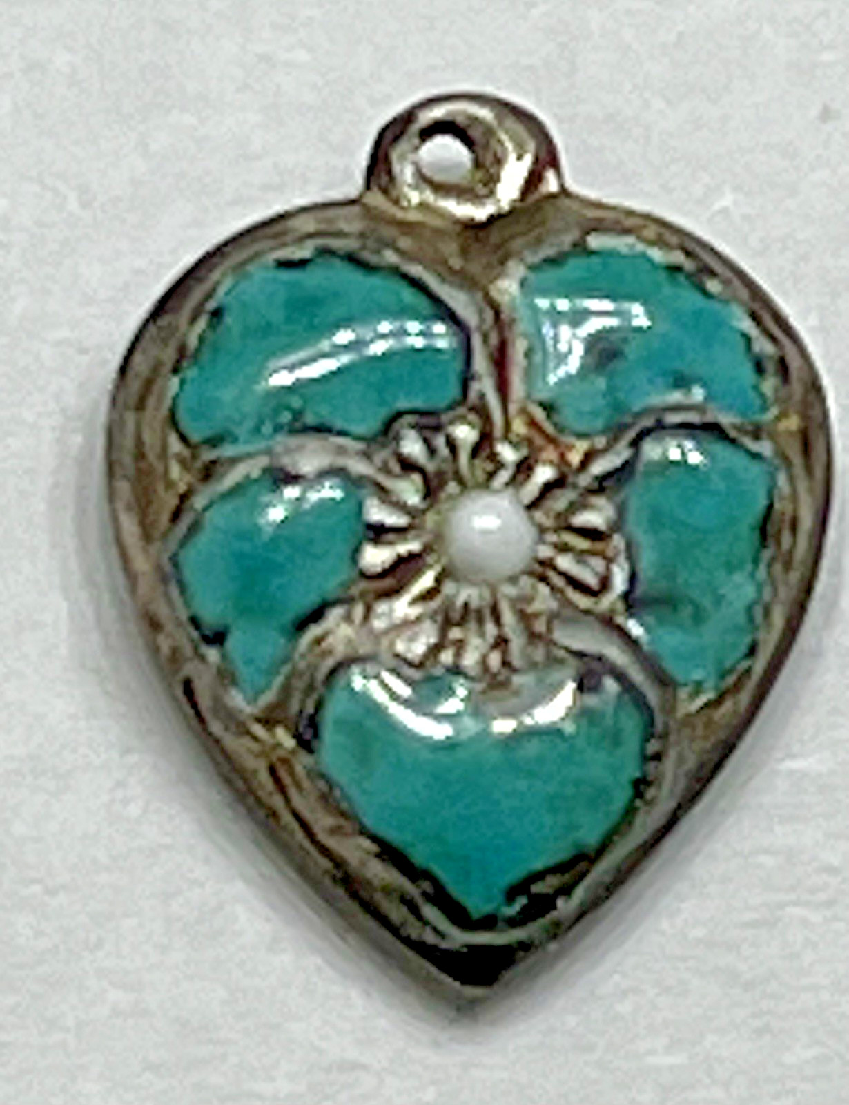 Sterling Silver Heart Flower Charm Puffy Enamel Pansy 925 Vintage Stamped Blue