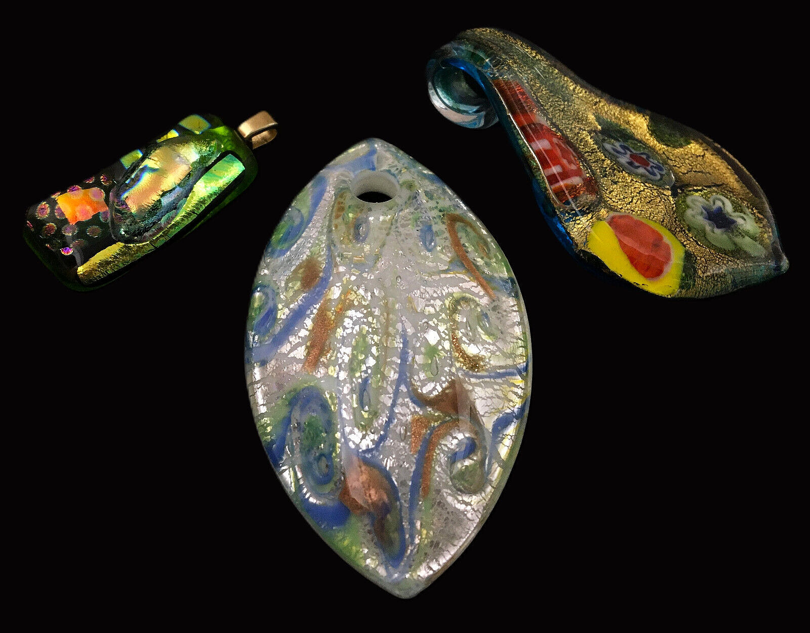 Lot of 3 Art Glass Porcelain Pendants Mosaic Abstract Designs Metallic Foil
