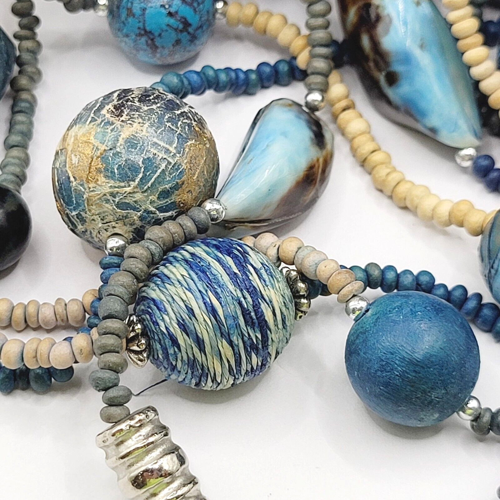 Peacock Blues Silver Tone Multi Strand Unique Bead Styles Vintage Necklace 24 In