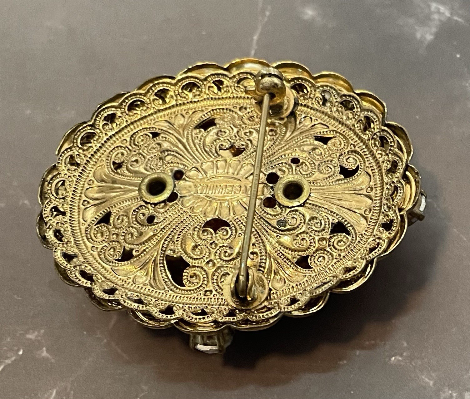 20th Century W German Gold Filigree Carved Glass Cameo Austrian Crystal Brooch