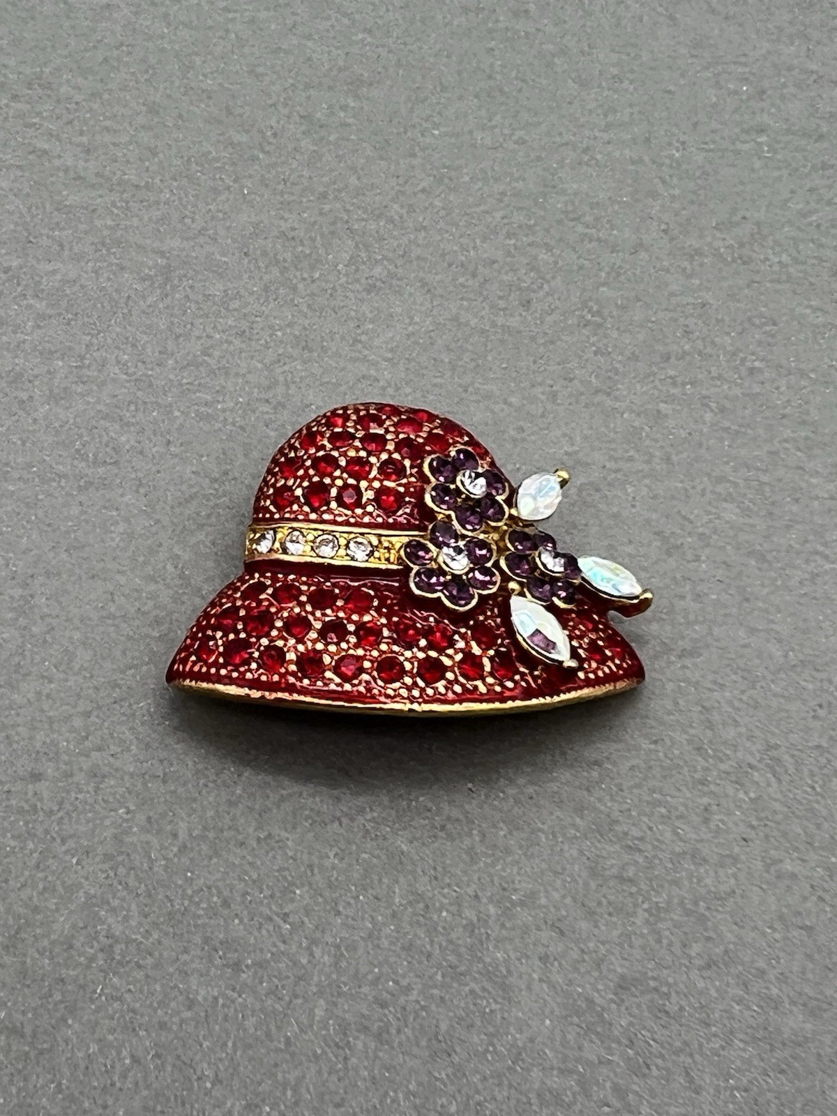 Vintage Red Hat Brooch Red Rhinestone Purple Flower Pin