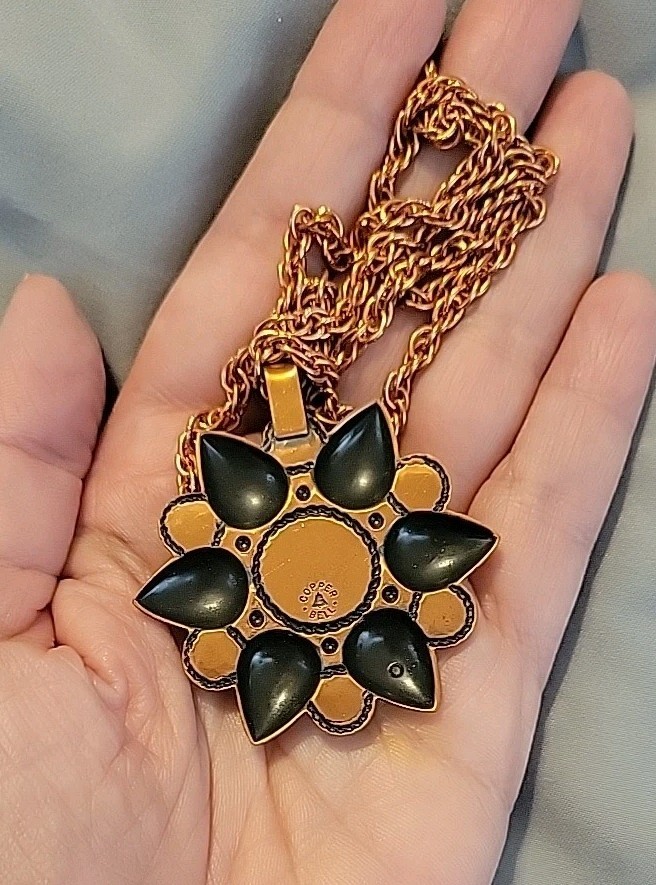 VTG Bell Trading Post Copper Turquoise Pendant Necklace 24″ Chain 1950s